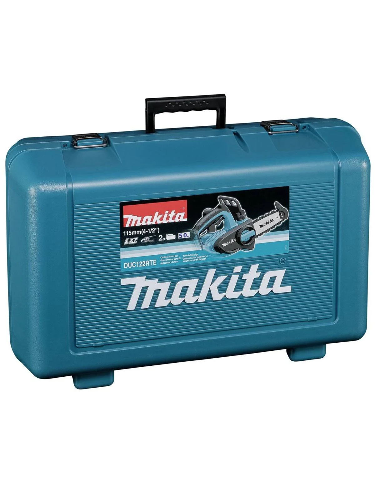 Mallette à outils Makita turquoise avec une poignée noire. Une photo de l'outil est sur le devant.