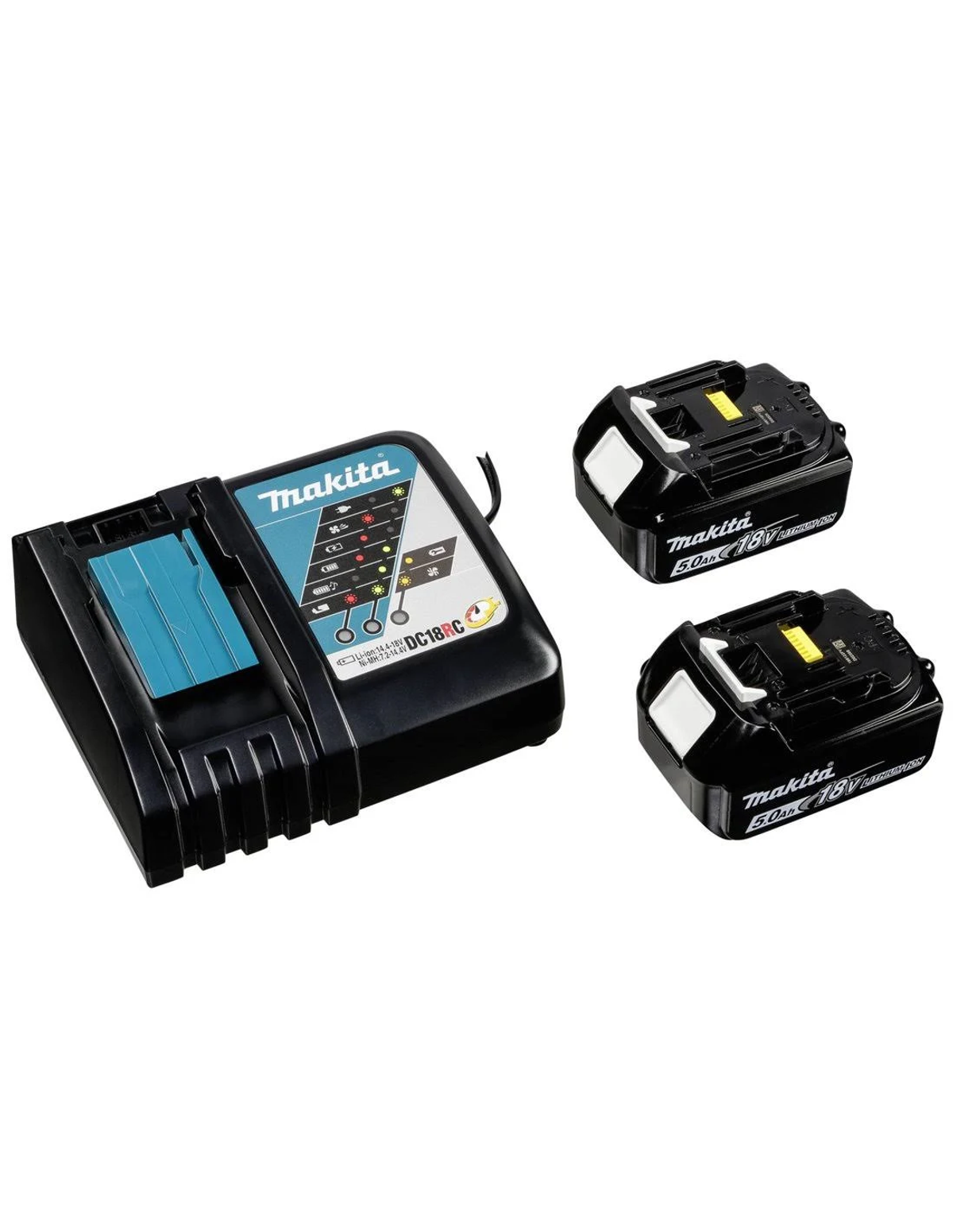 Chargeur de batterie et deux batteries noires. Fond blanc. Chargeur turquoise et noir.