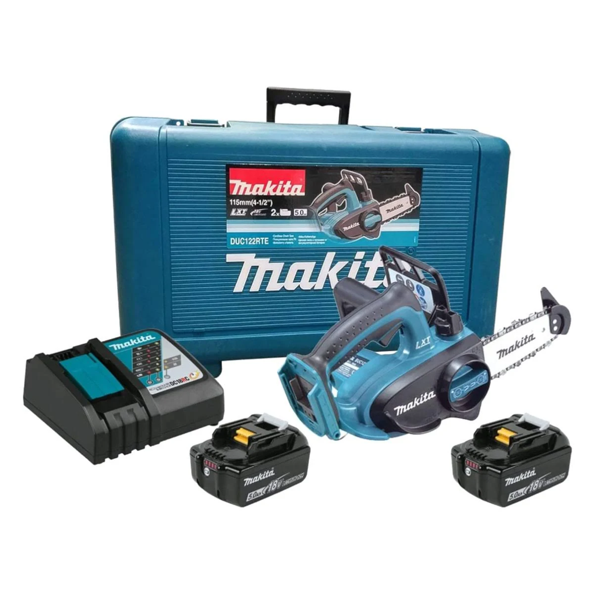 Un kit de tronçonneuse Makita avec une mallette bleu canard, un chargeur, deux batteries et la scie.