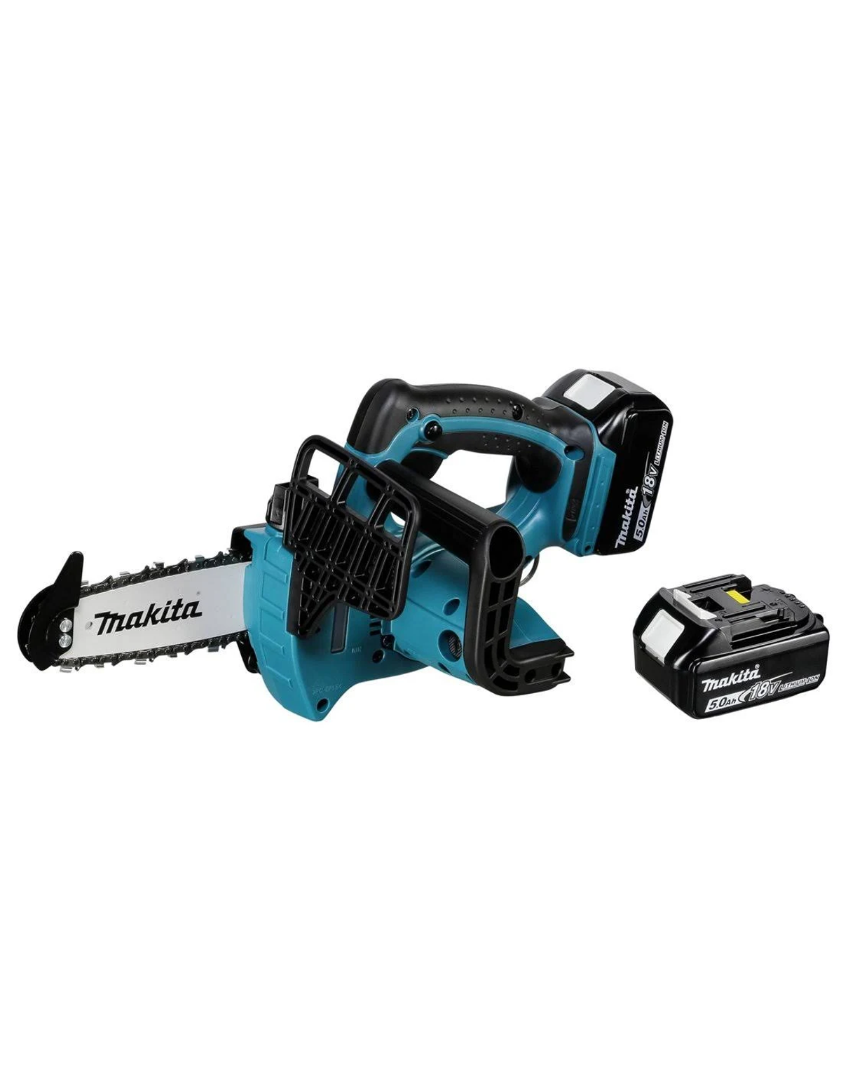 Une tronçonneuse et une batterie Makita teal sur fond blanc.