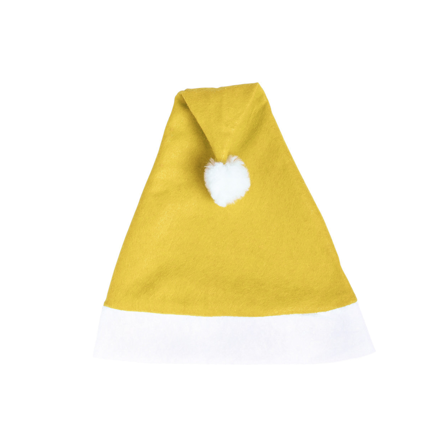Cappello di Babbo Natale giallo con bordo bianco e pompon, isolato su sfondo bianco.