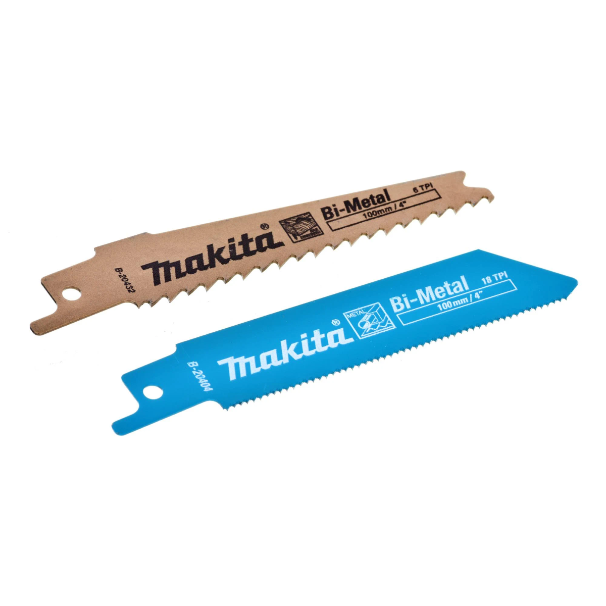 Dwa brzeszczoty Makita: brązowy i niebieski, z różnymi TPI i oznaczeniami rozmiaru 100mm/4".