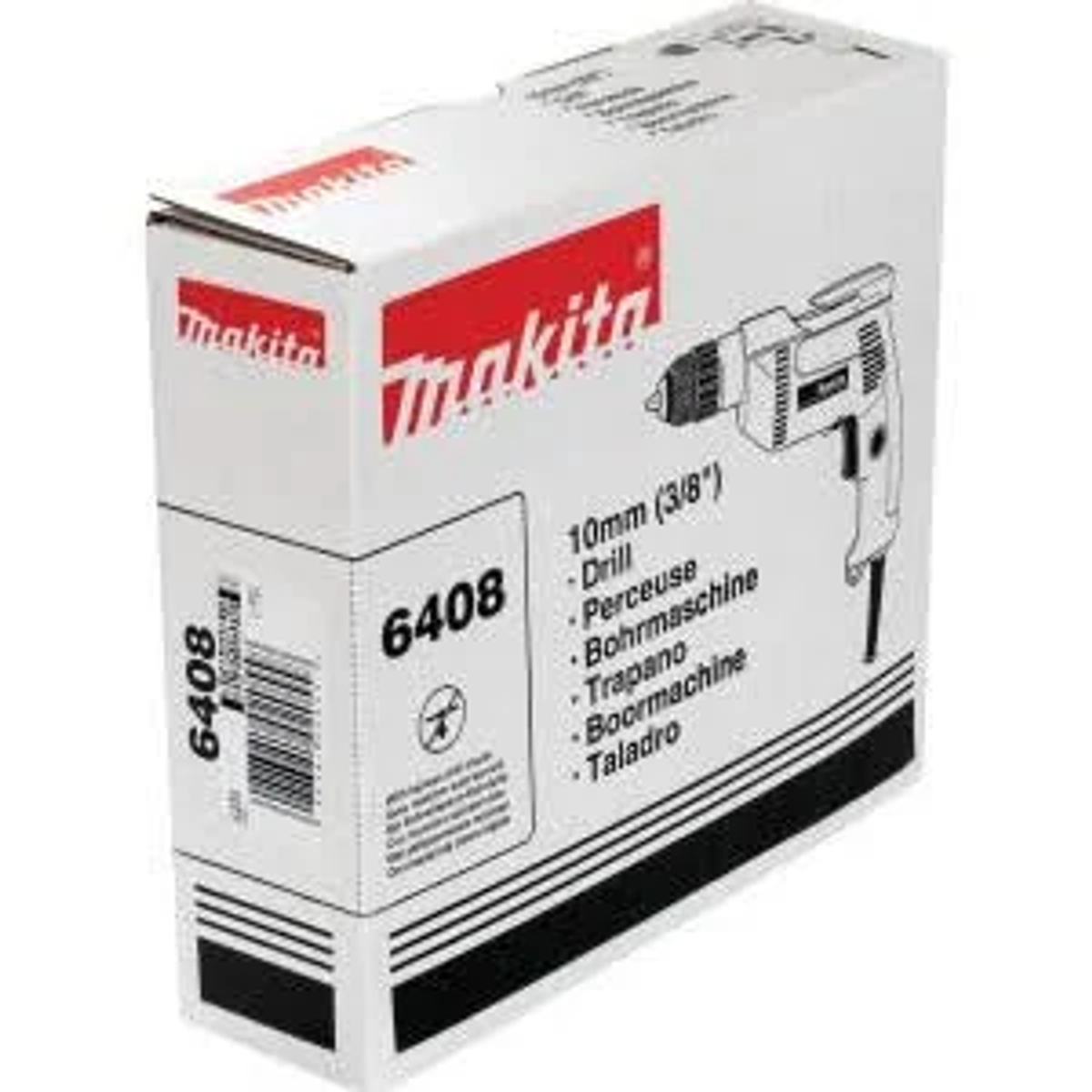Makita Bohrmaschine in einer Box. Die Box hat ein Bild der Bohrmaschine.