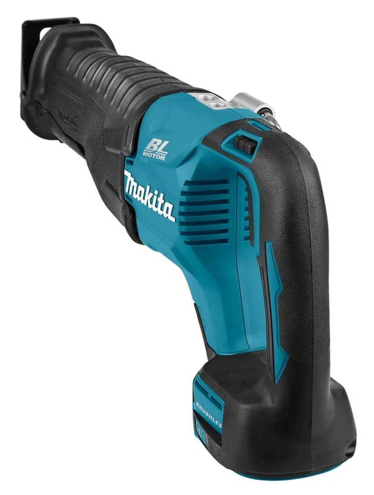 Makita Säbelsäge, türkis und schwarz, abgewinkelt, mit Akku.