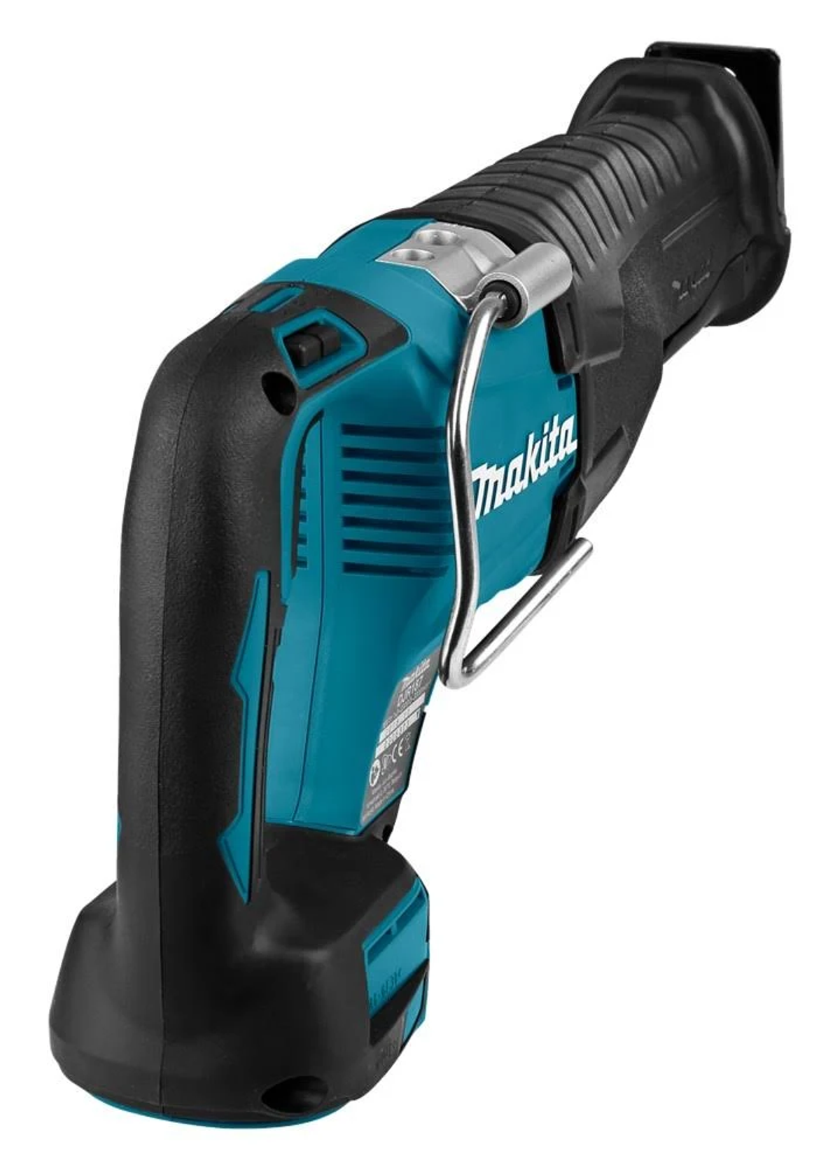 Makita Säbelsäge, schwarz und türkis, auf weißem Hintergrund. Die Säge ist neu.