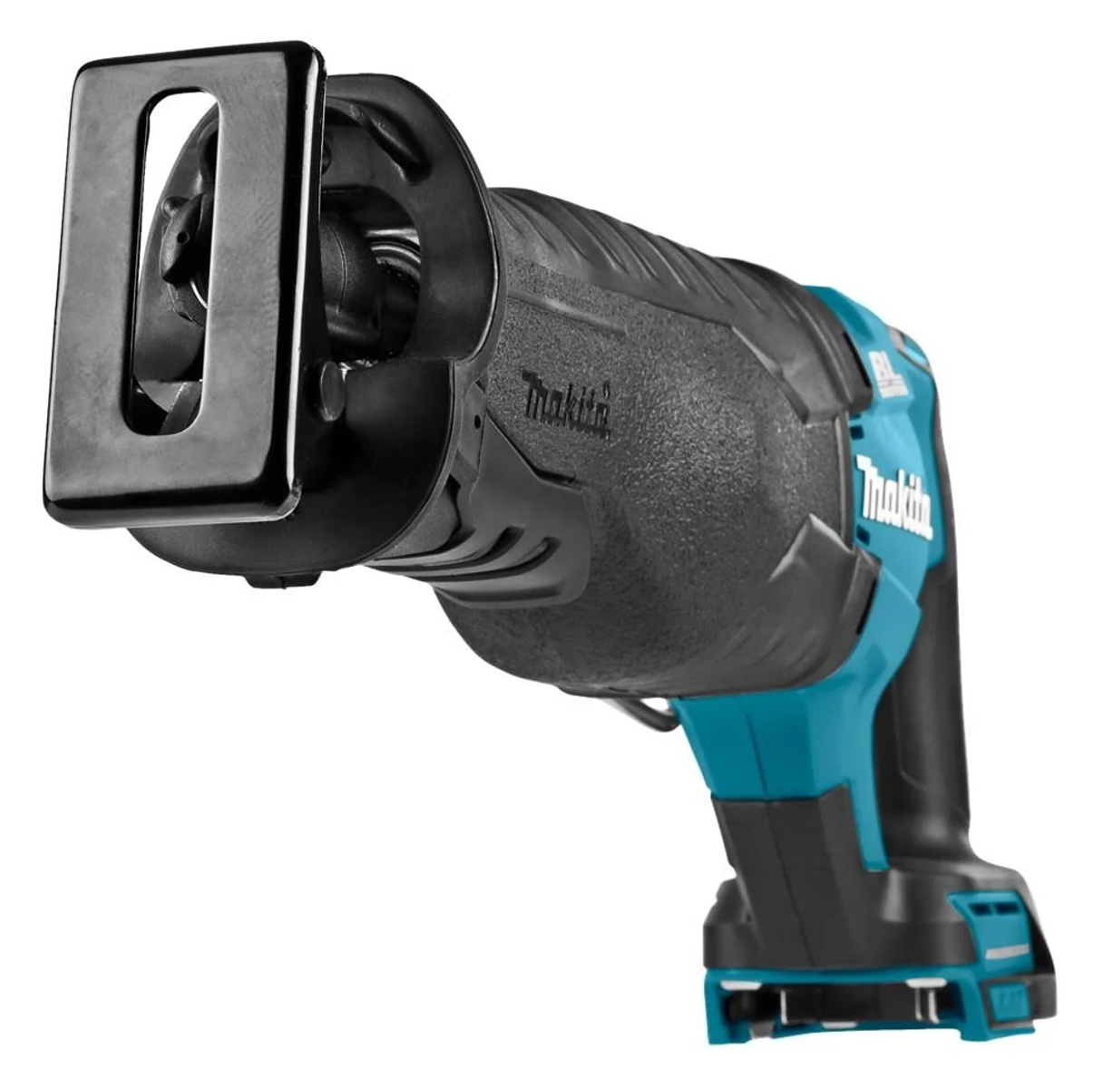 Eine schwarz-türkisfarbene Makita-Säbelsäge, leicht angewinkelt. Das Makita-Logo ist sichtbar.