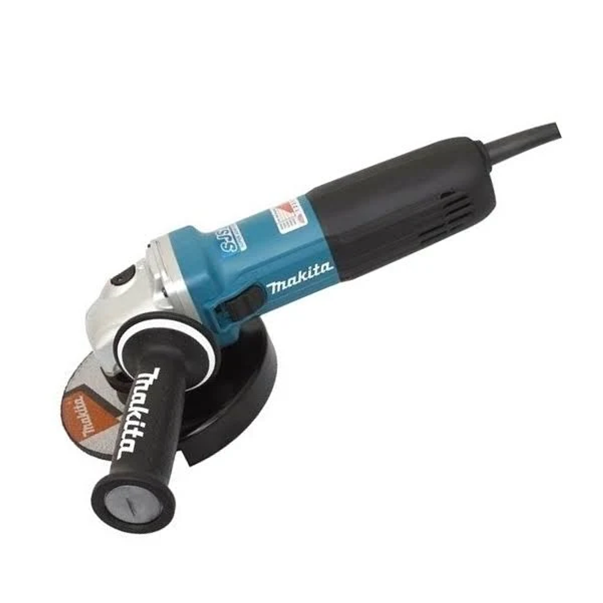 Una herramienta de esmerilado eléctrico de mano con partes azules y negras.