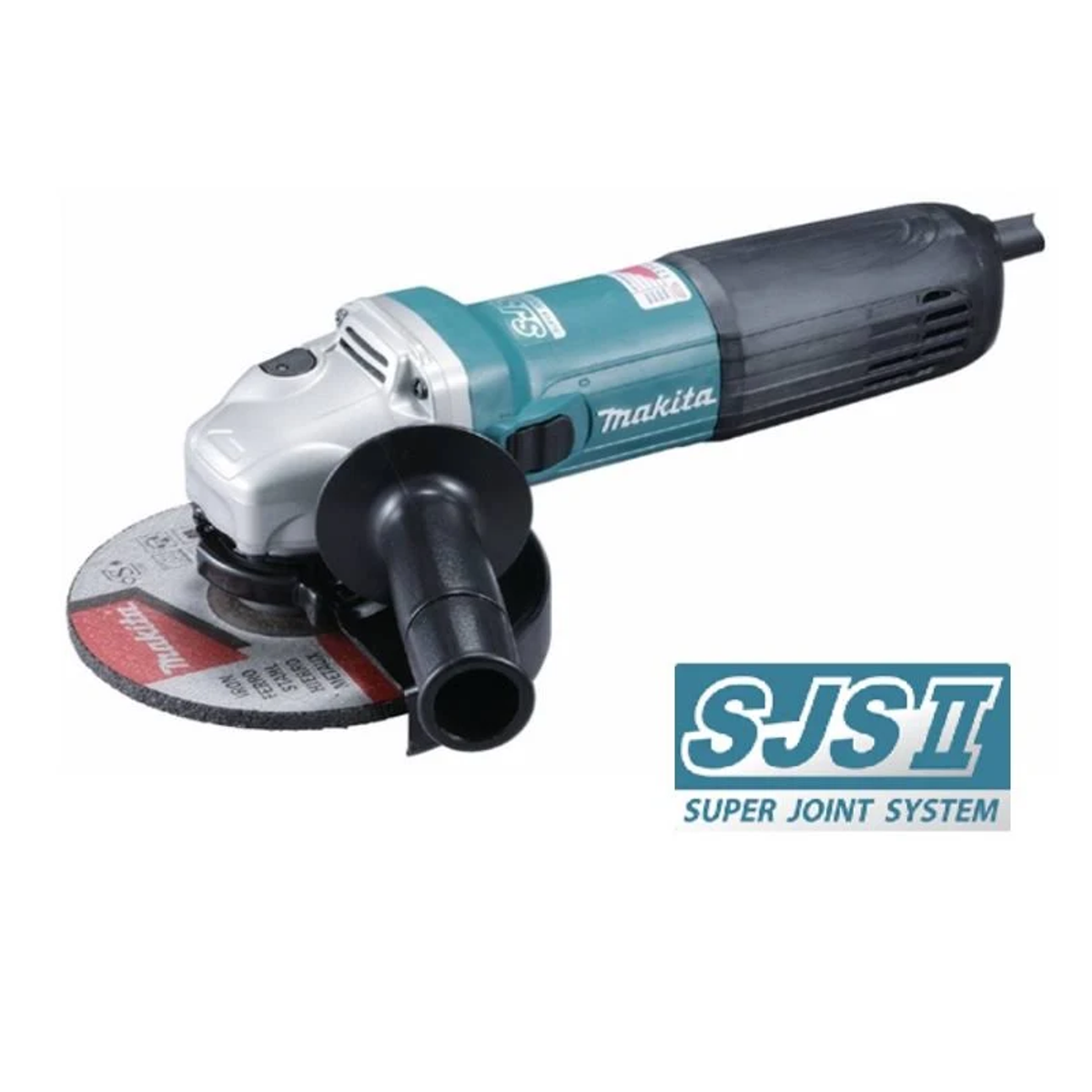 Una amoladora angular Makita verde azulado con mango negro y protector metálico. La marca es visible.