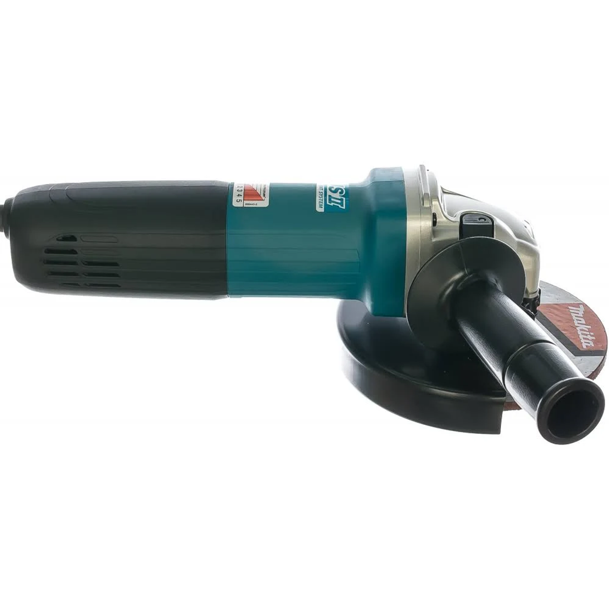 Una amoladora angular Makita negra y verde azulada con una muela y un protector negro. La herramienta está sobre fondo blanco.