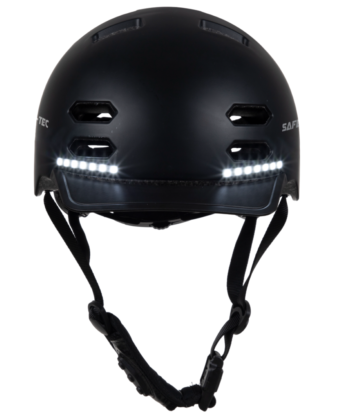 Casco de bicicleta negro con luces delanteras blancas y correas ajustables.