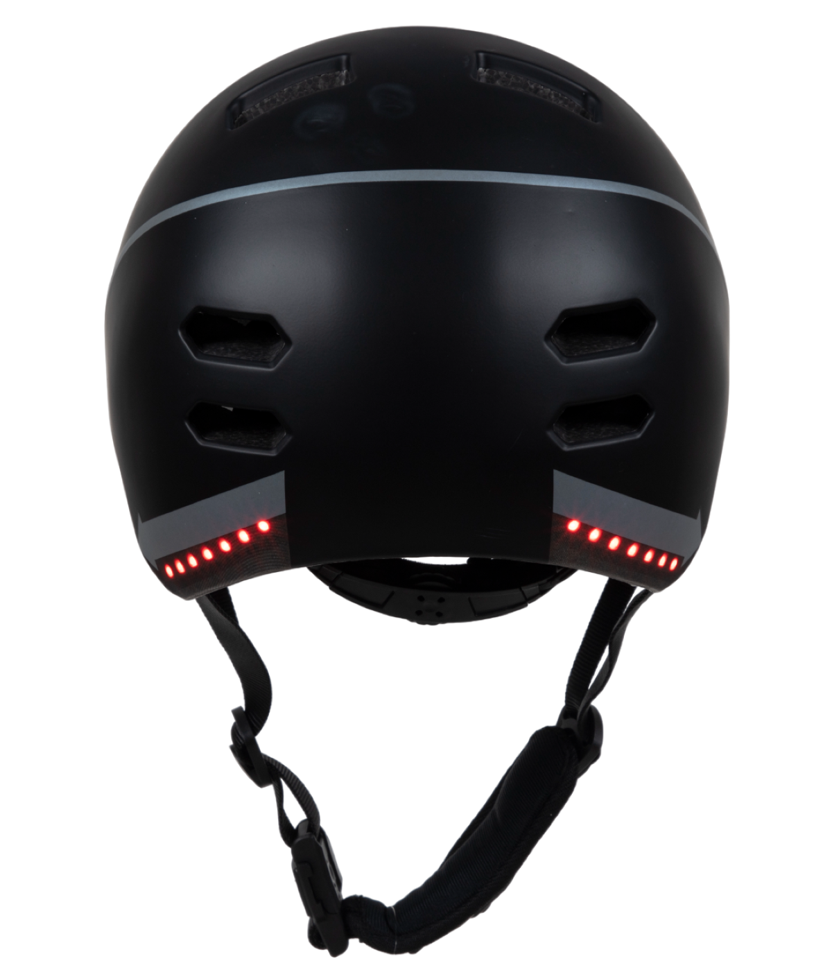 Un casco negro con luces rojas en la parte trasera y una franja reflectante.