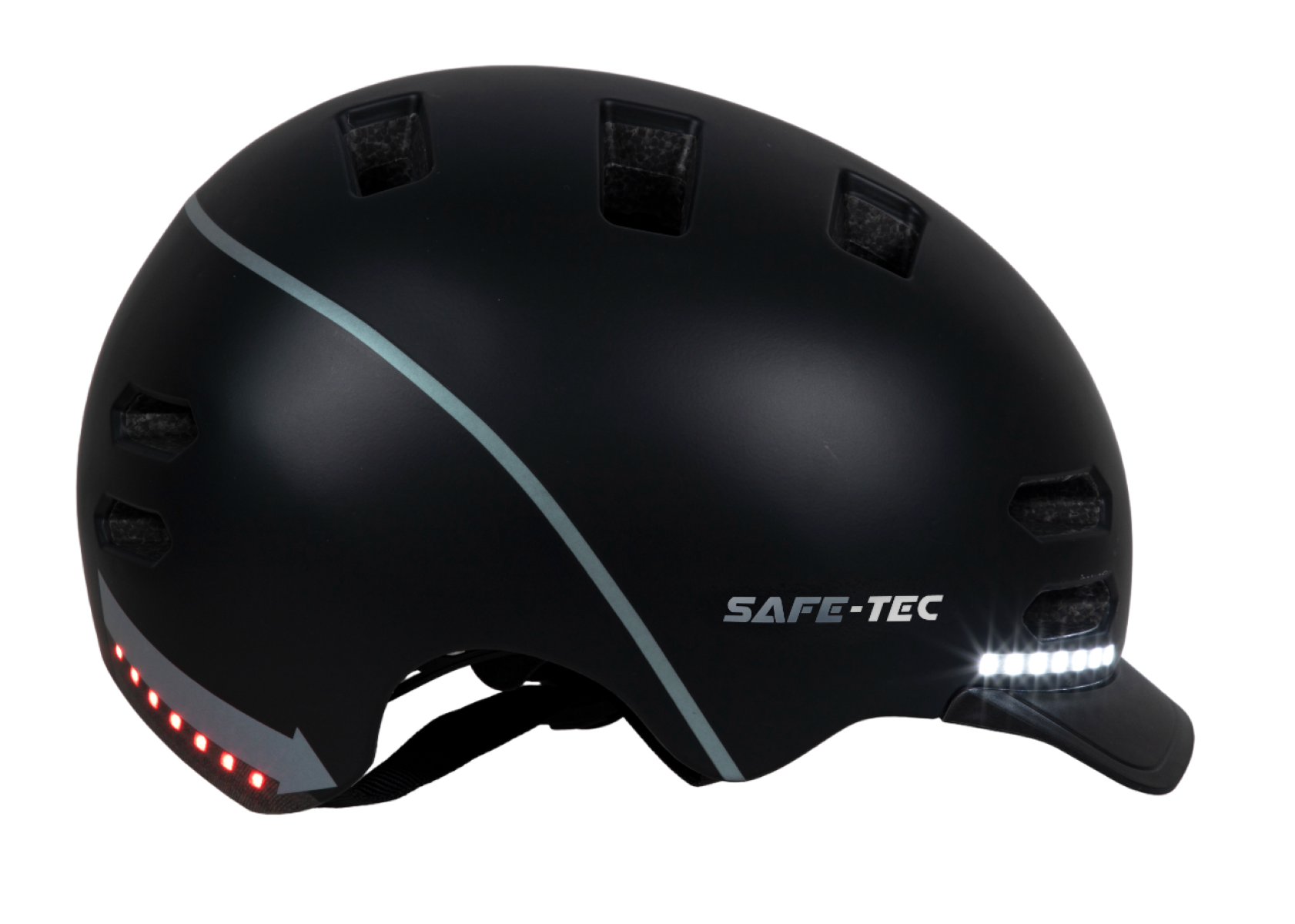 Casco de bicicleta negro con luces, marca SAFE-TEC. Fondo blanco.
