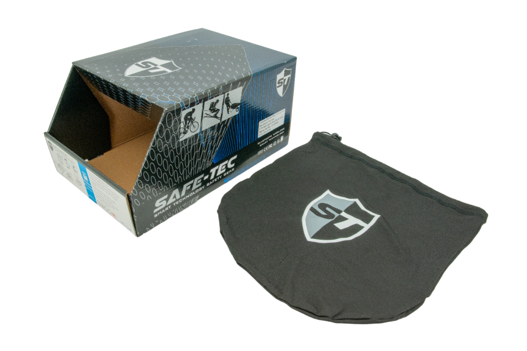 Una caja Safe-Tec negra y azul con una bolsa de transporte. La caja muestra a una persona en bicicleta.