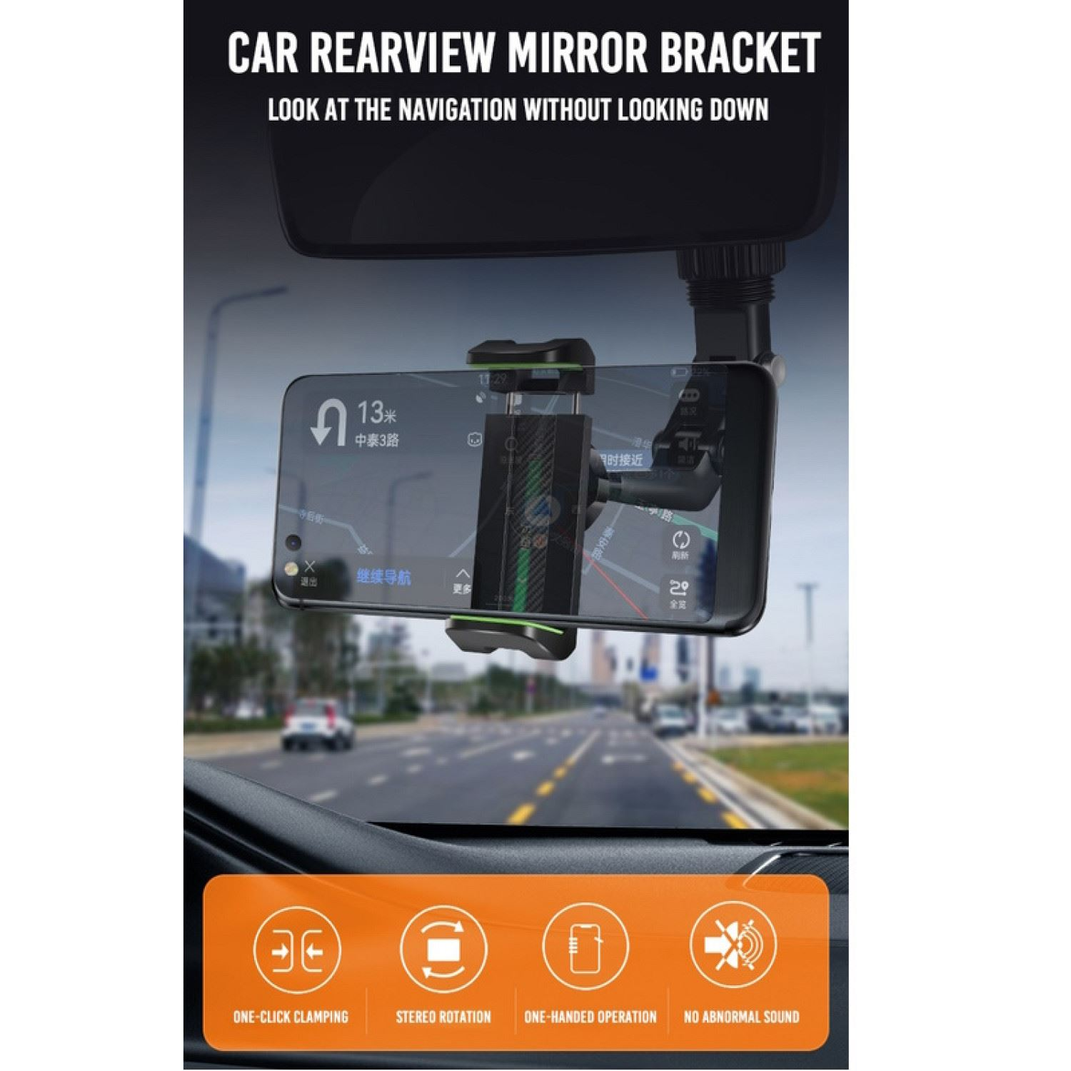 Un soporte de espejo retrovisor de coche con un teléfono, mostrando una interfaz de navegación.