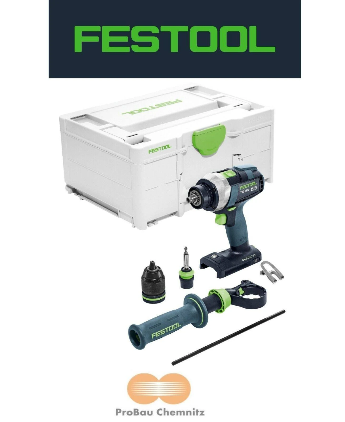 Biała walizka Festool z narzędziami, w tym wiertarką, wiertłami i uchwytem. Widoczne logo Festool.