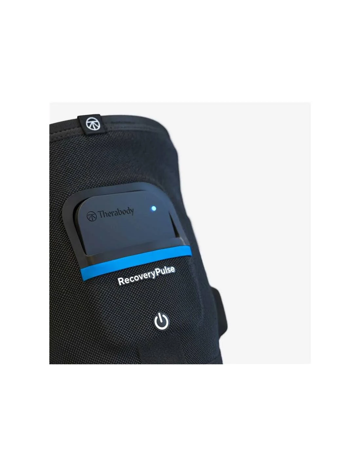 Un dispositivo Therabody RecoveryPulse negro con un acento azul, en una correa negra.