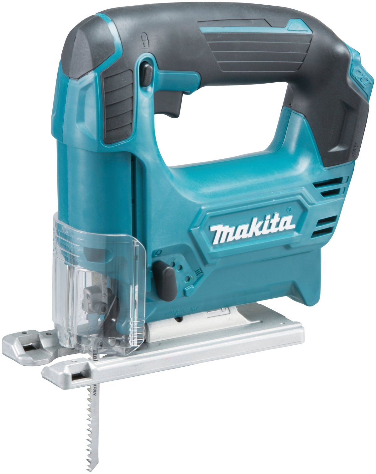 Turkusowa wyrzynarka Makita z czarnym uchwytem i przezroczystą osłoną ostrza, na białym tle.