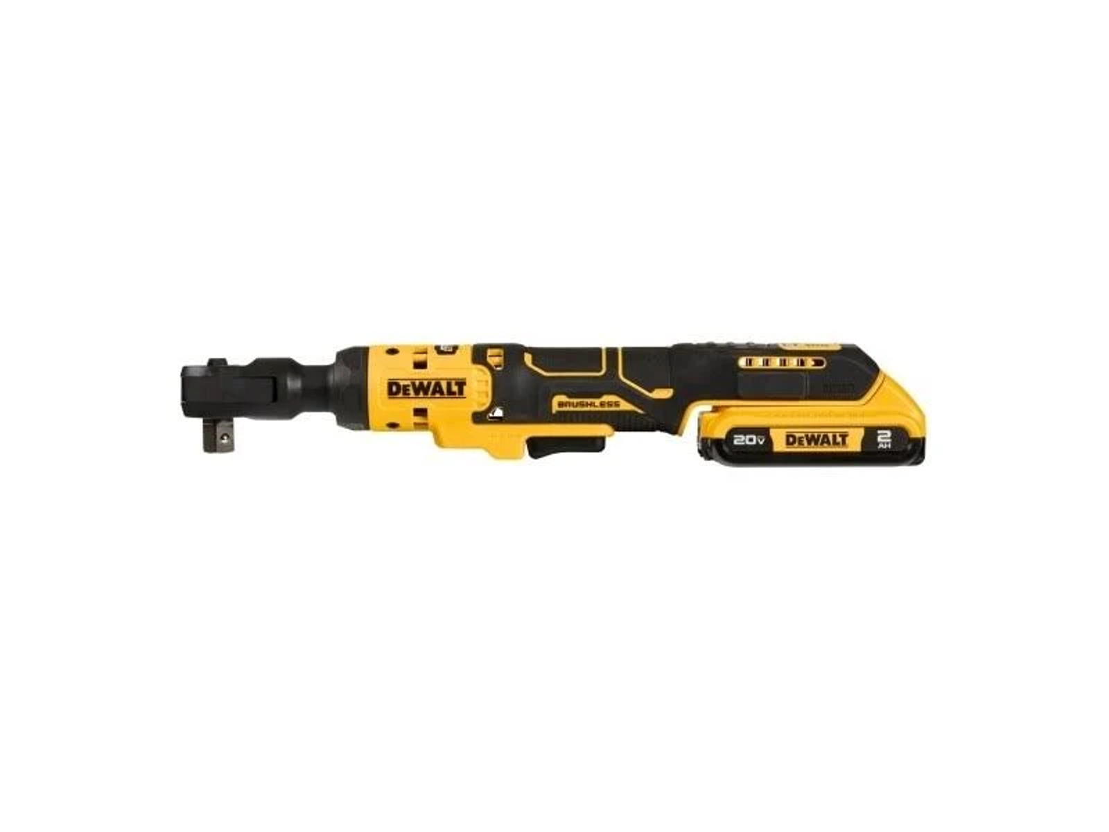 Una carraca DeWalt amarilla y negra con batería de 20 V.