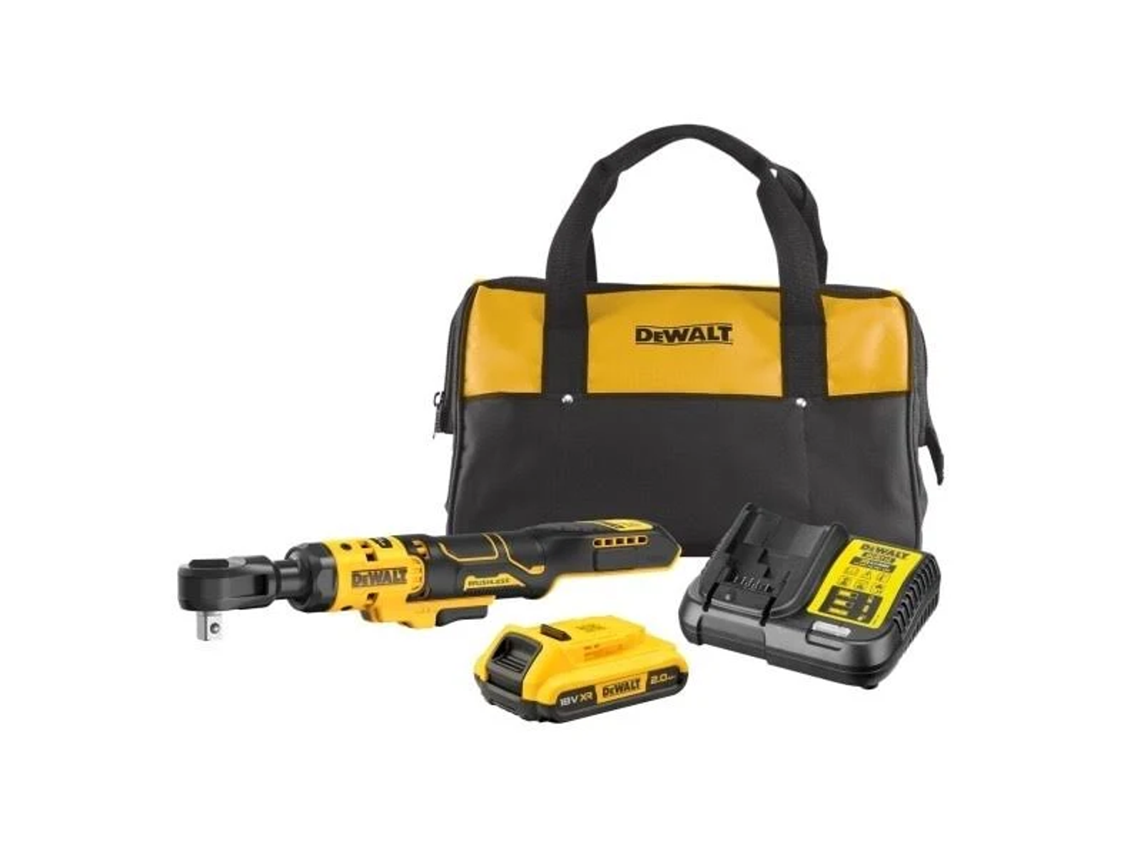 Un juego de herramientas DeWalt amarillo y negro que consta de una carraca, baterías y un cargador.