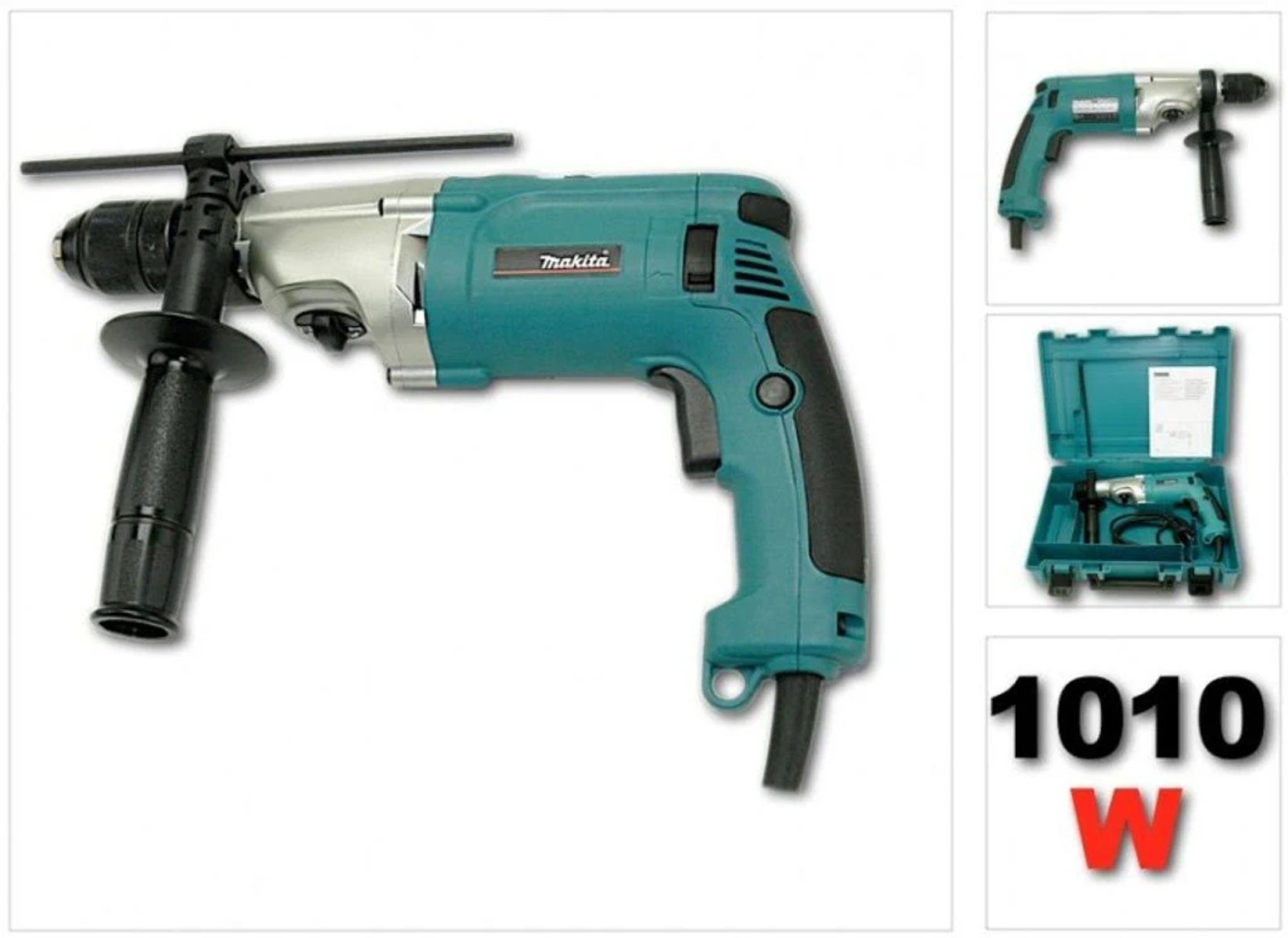 Taladro Makita verde azulado con tres imágenes adicionales.