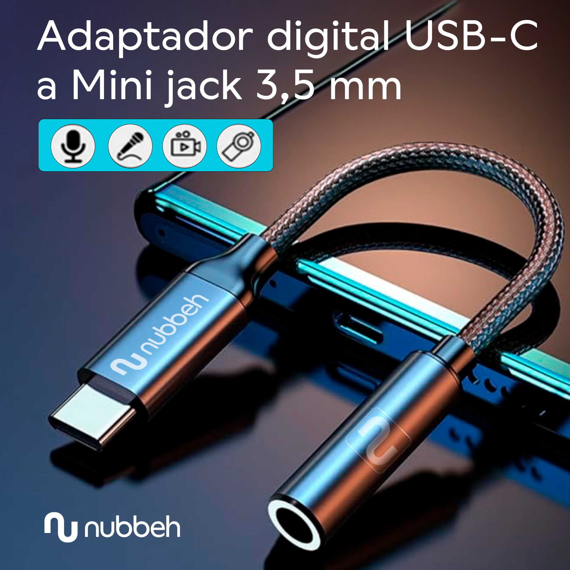 Un adaptador azul de USB-C a mini jack con iconos, y un teléfono.