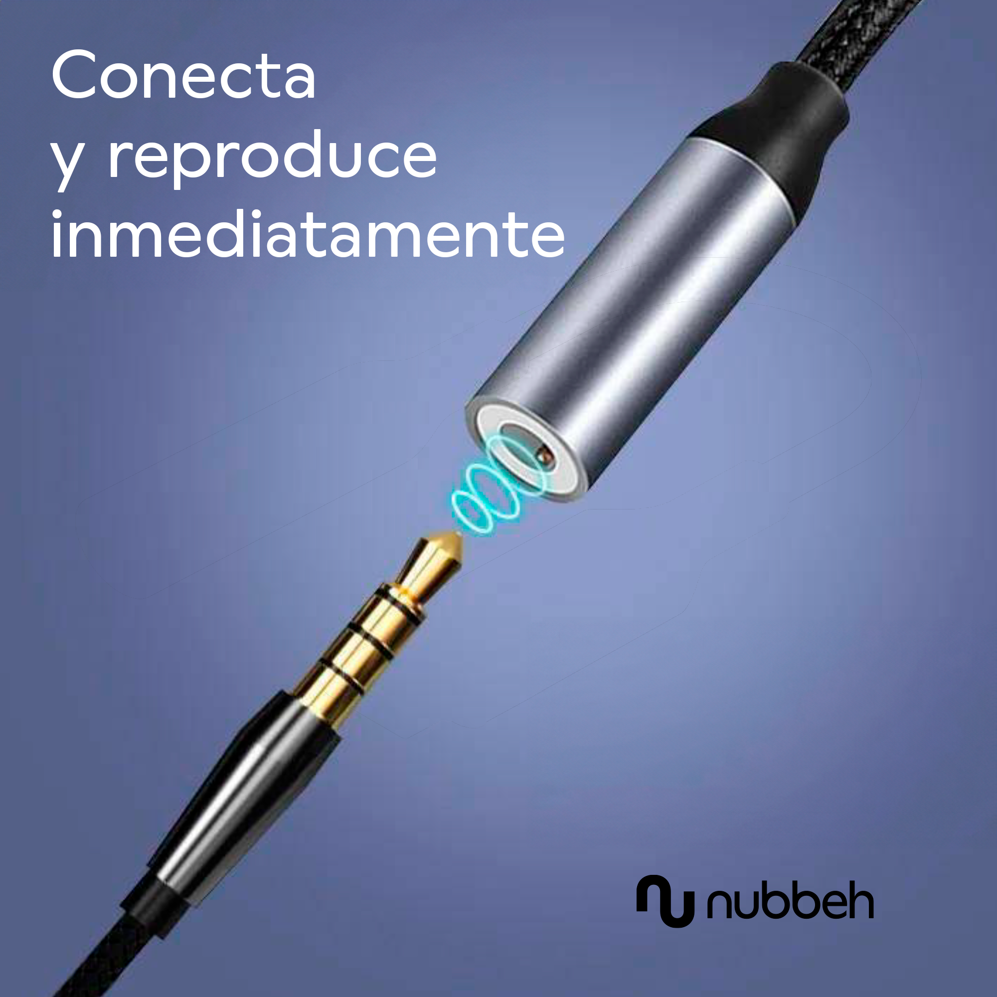 Un conector de auriculares dorado se enchufa a un conector plateado y negro. Se muestran ondas de energía azules.