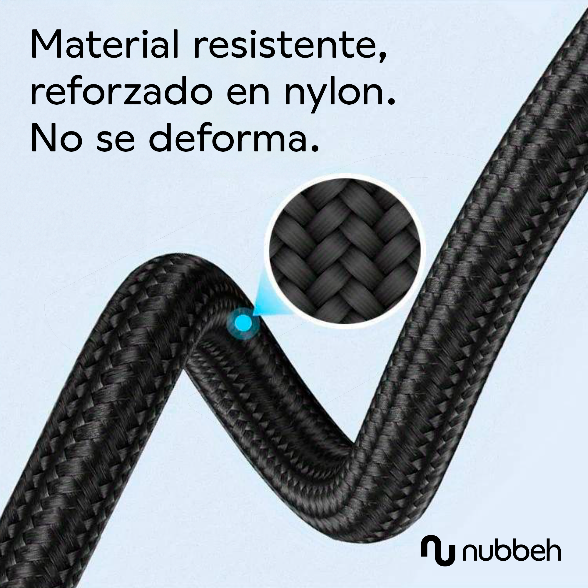 Un cable negro trenzado. Primer plano muestra el refuerzo de nailon. El logo nubbeh abajo.