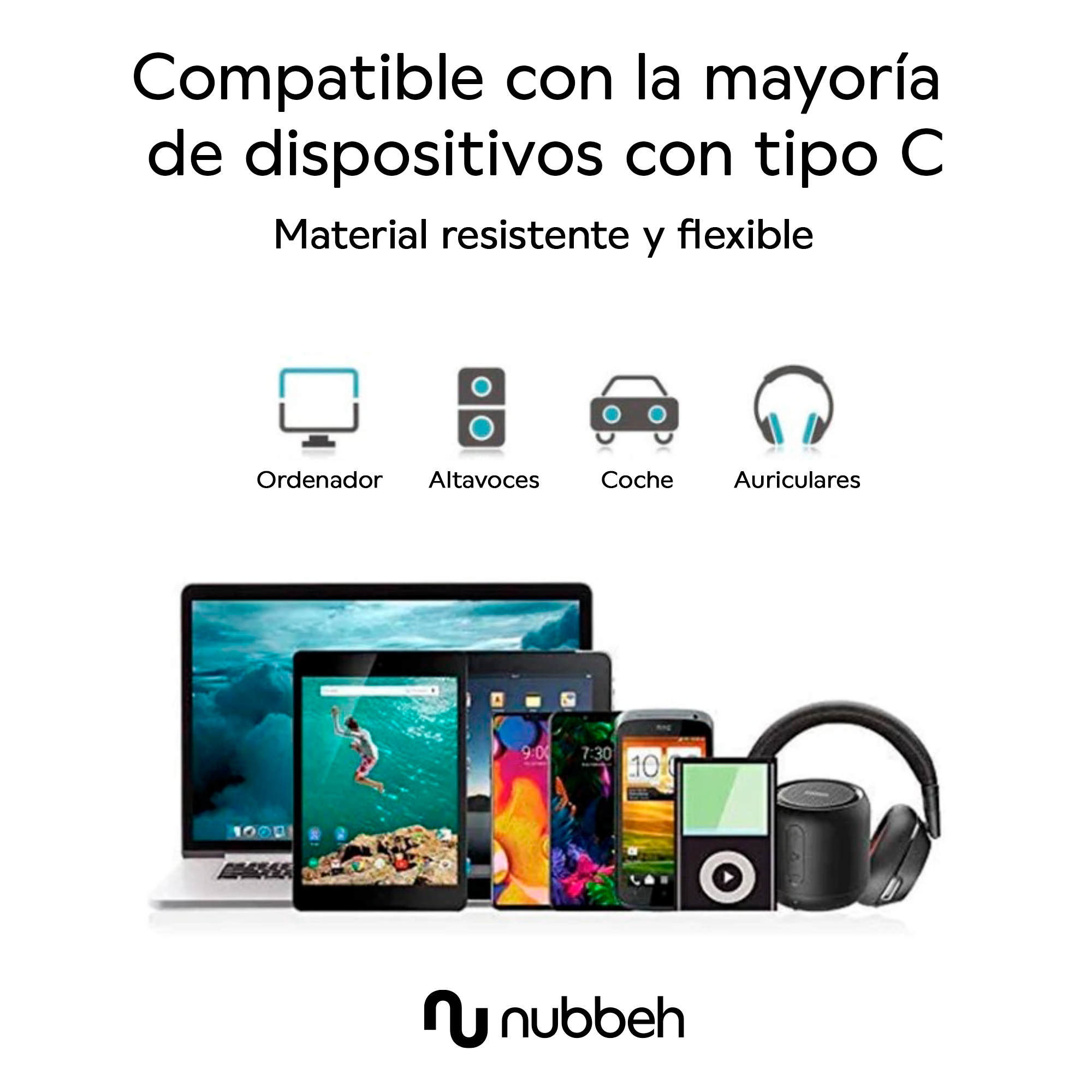 Imagen de diferentes dispositivos: portátil, tabletas, teléfonos, altavoz y auriculares.