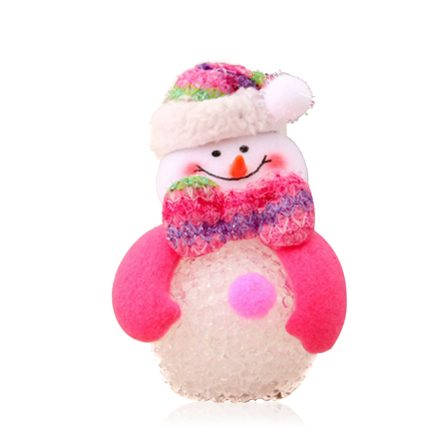 Ornamento a forma di pupazzo di neve con corpo rosa, cappello e sciarpa, sfondo bianco.