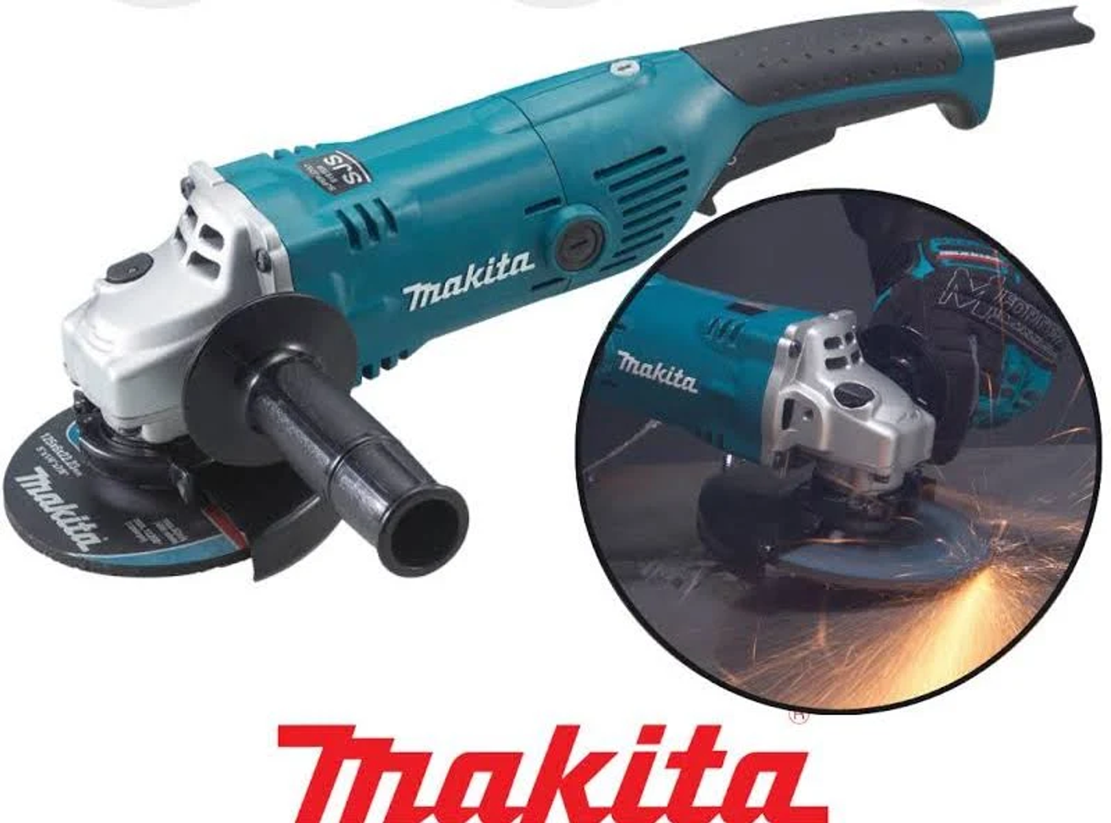 Ein türkisfarbener Makita-Winkelschleifer. Nahaufnahme des Werkzeugs in Aktion.