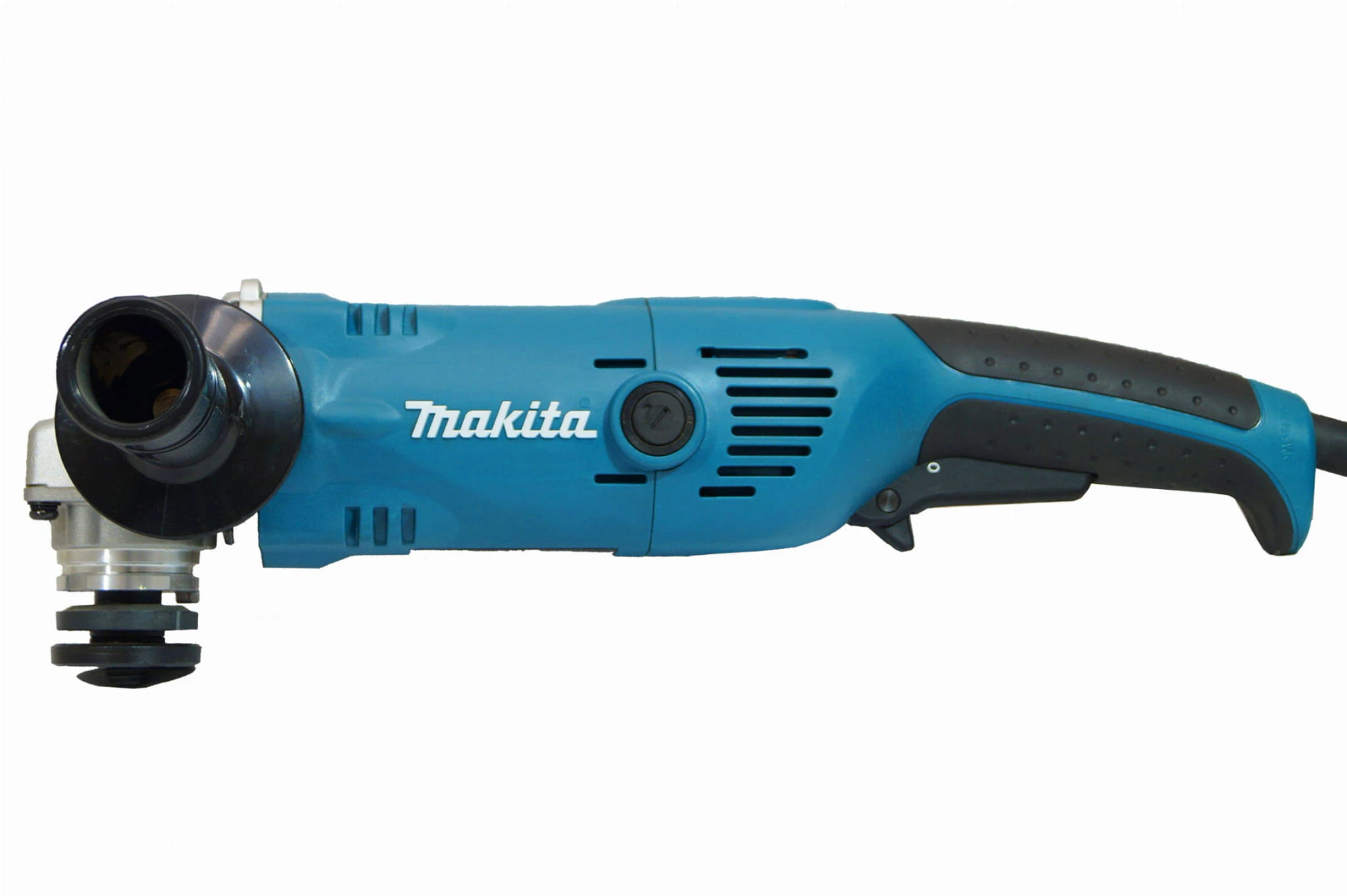 Ein blaues Makita-Winkelschneidwerkzeug auf weißem Hintergrund.