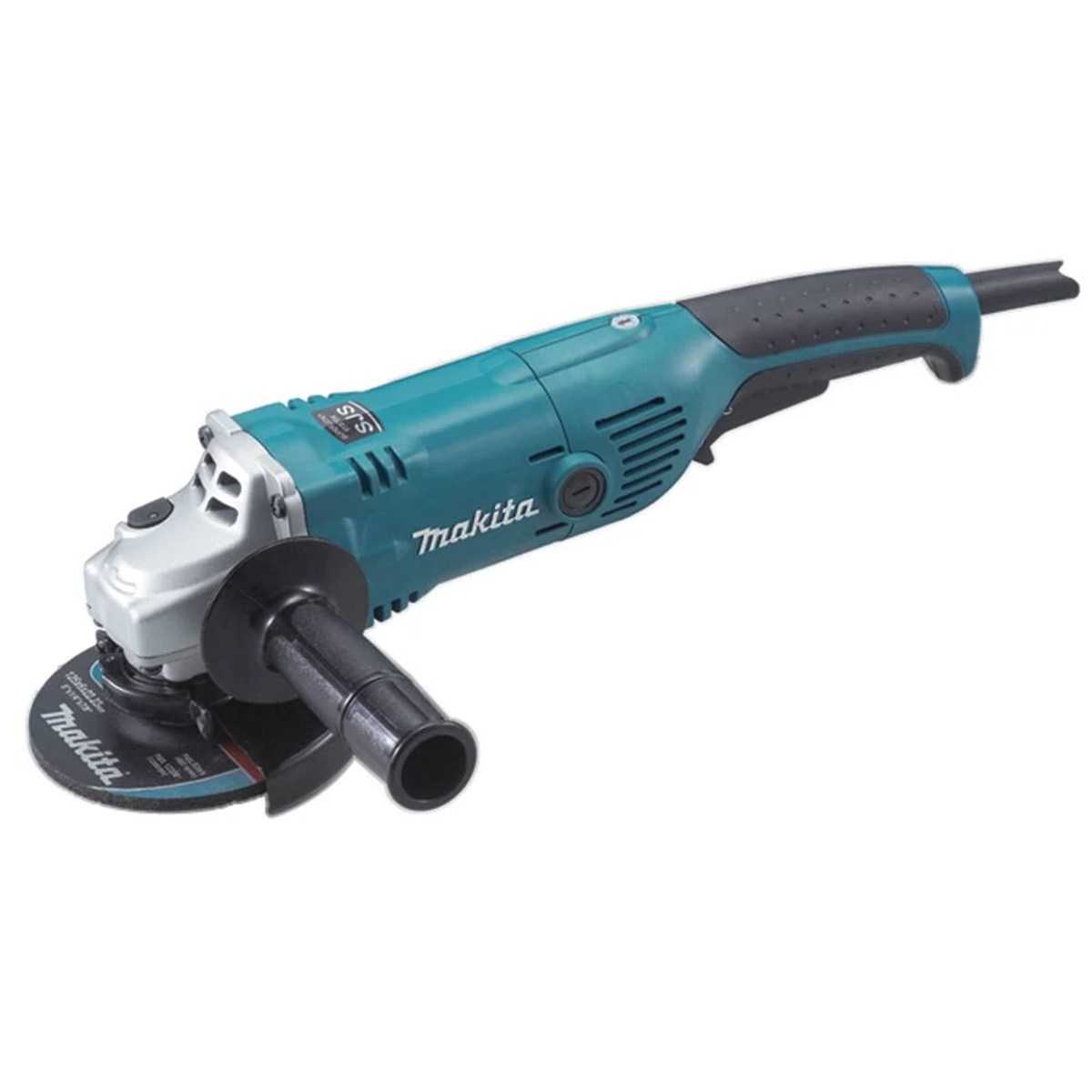 Ein elektrischer Makita-Schleifer, türkis und schwarz, von oben auf weißem Grund, mit schwarzem Griff.