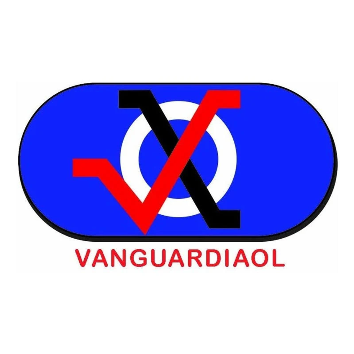 Ein Logo für Vanguardiaol mit blauem ovalem Hintergrund und weißen, schwarzen und roten geometrischen Formen.