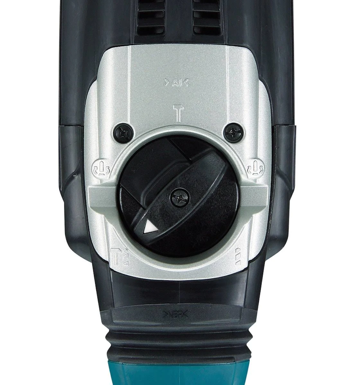 Un primer plano de la parte superior de una herramienta eléctrica Makita, mostrando un dial y tornillos.