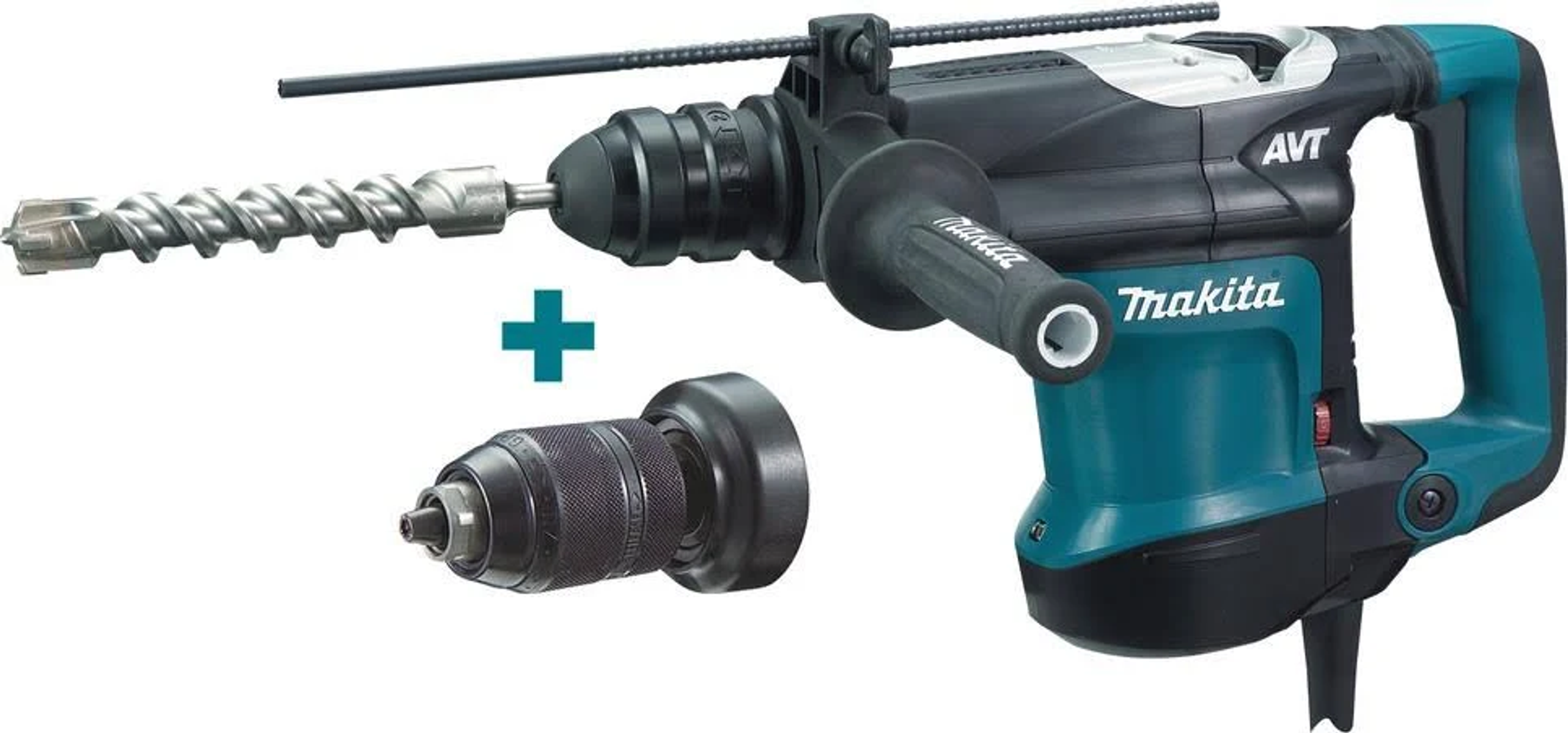Un taladro percutor rotativo Makita turquesa y negro con dos brocas. Fondo blanco.