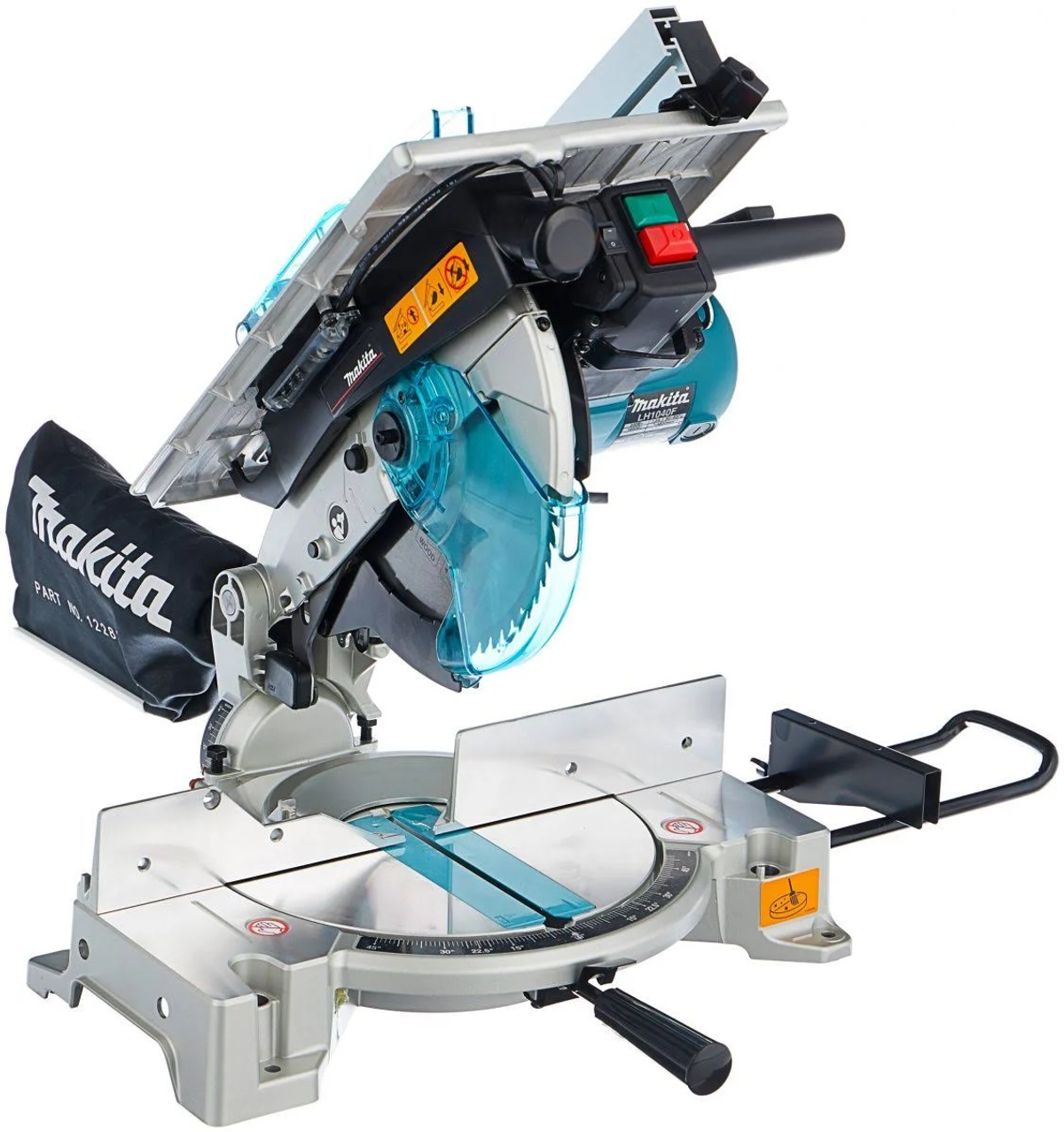 Makita-Gehrungssäge mit silbernem und türkisfarbenem Gehäuse. Sie hat eine schwarze Tasche und ein Sägeblatt.