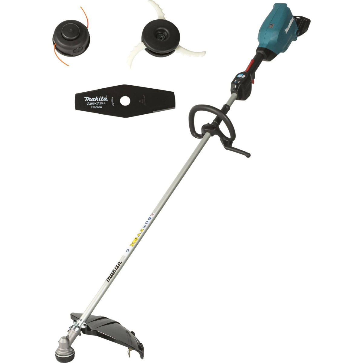 Makita-Trimmer mit Zubehör. Weißer Hintergrund.