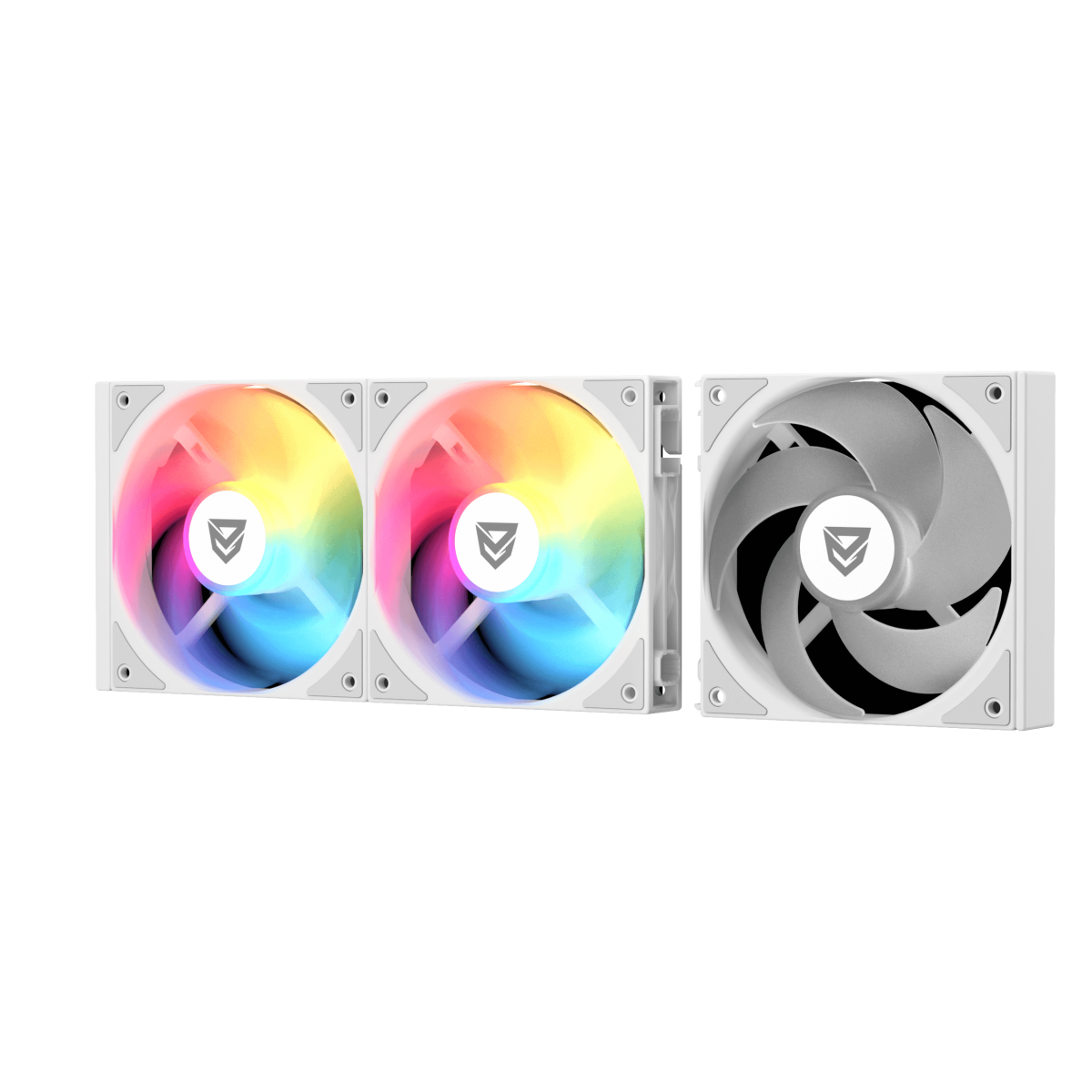 Tres ventiladores de computadora blancos con aspas de arcoíris y grises.