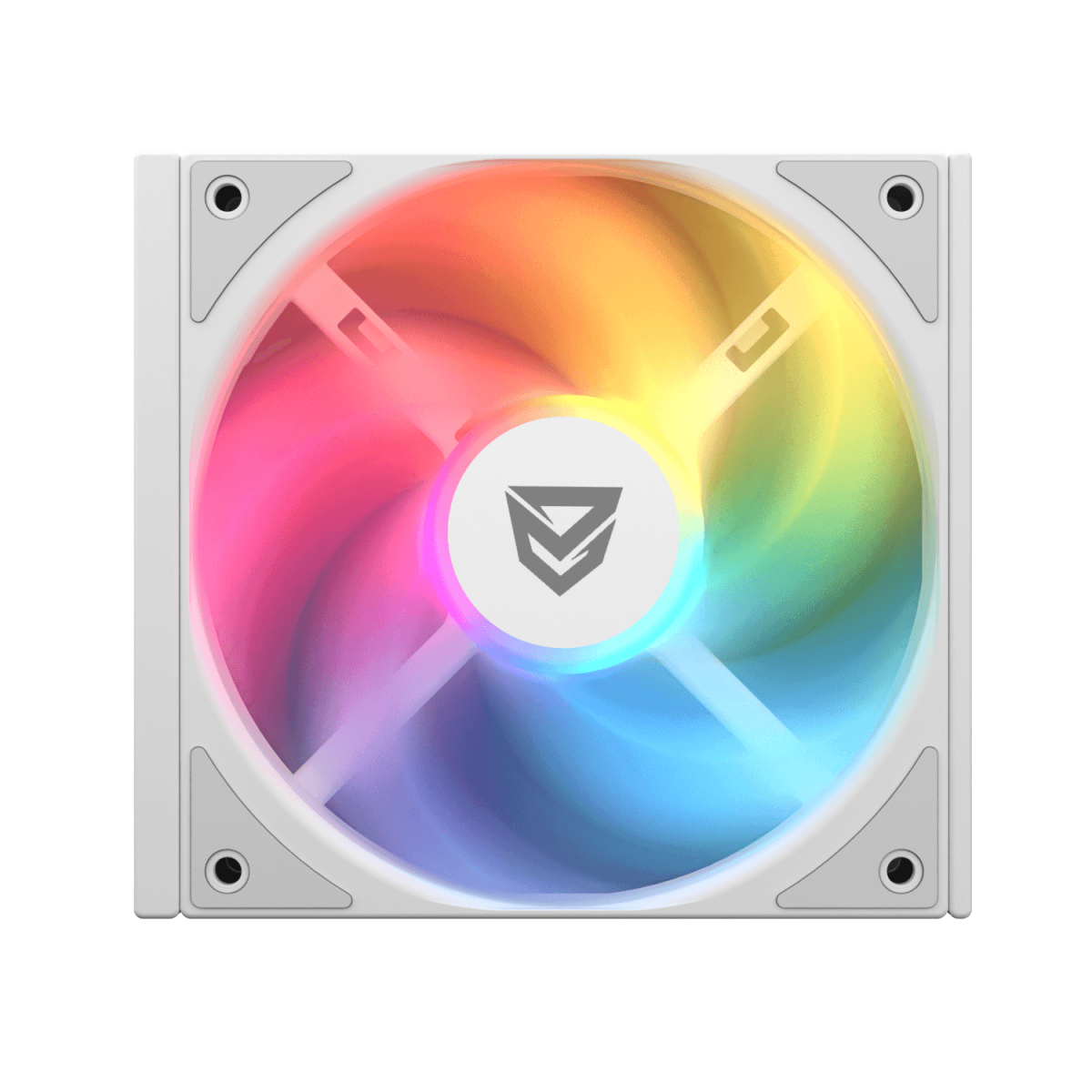 Ventilador blanco con una pantalla de luz colorida. El centro tiene un logotipo en forma de escudo. La luz es un arcoíris.