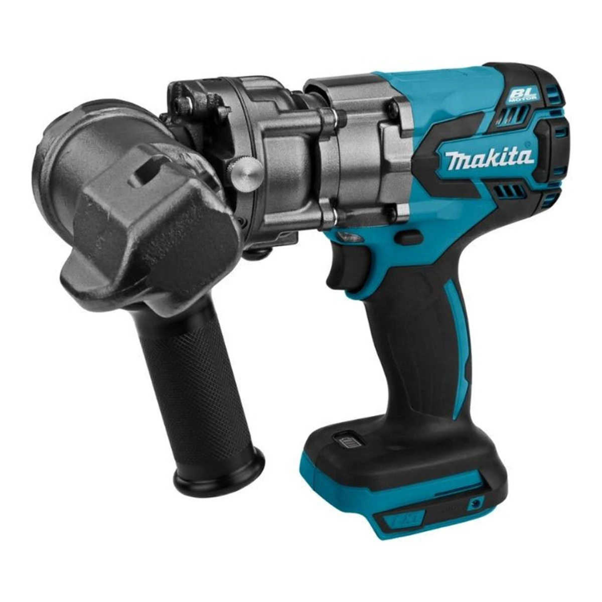Ein blau-schwarzer Makita Schlagschrauber mit schwarzem Griff, auf weißem Hintergrund.