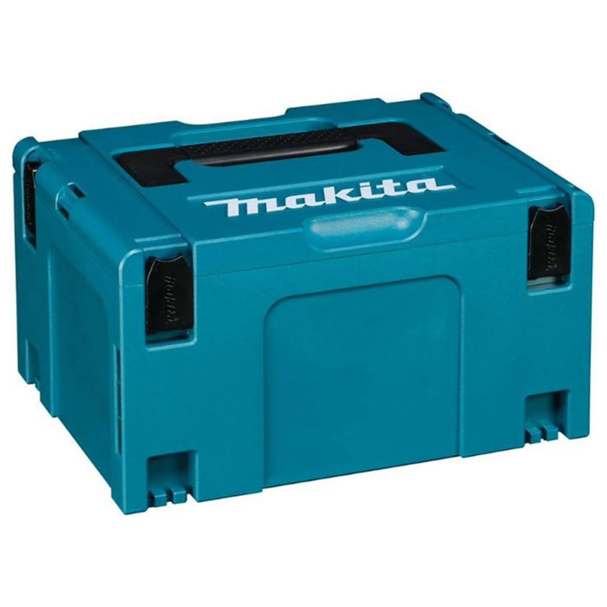Teal Makita Aufbewahrungskoffer. Der Hintergrund ist weiß.