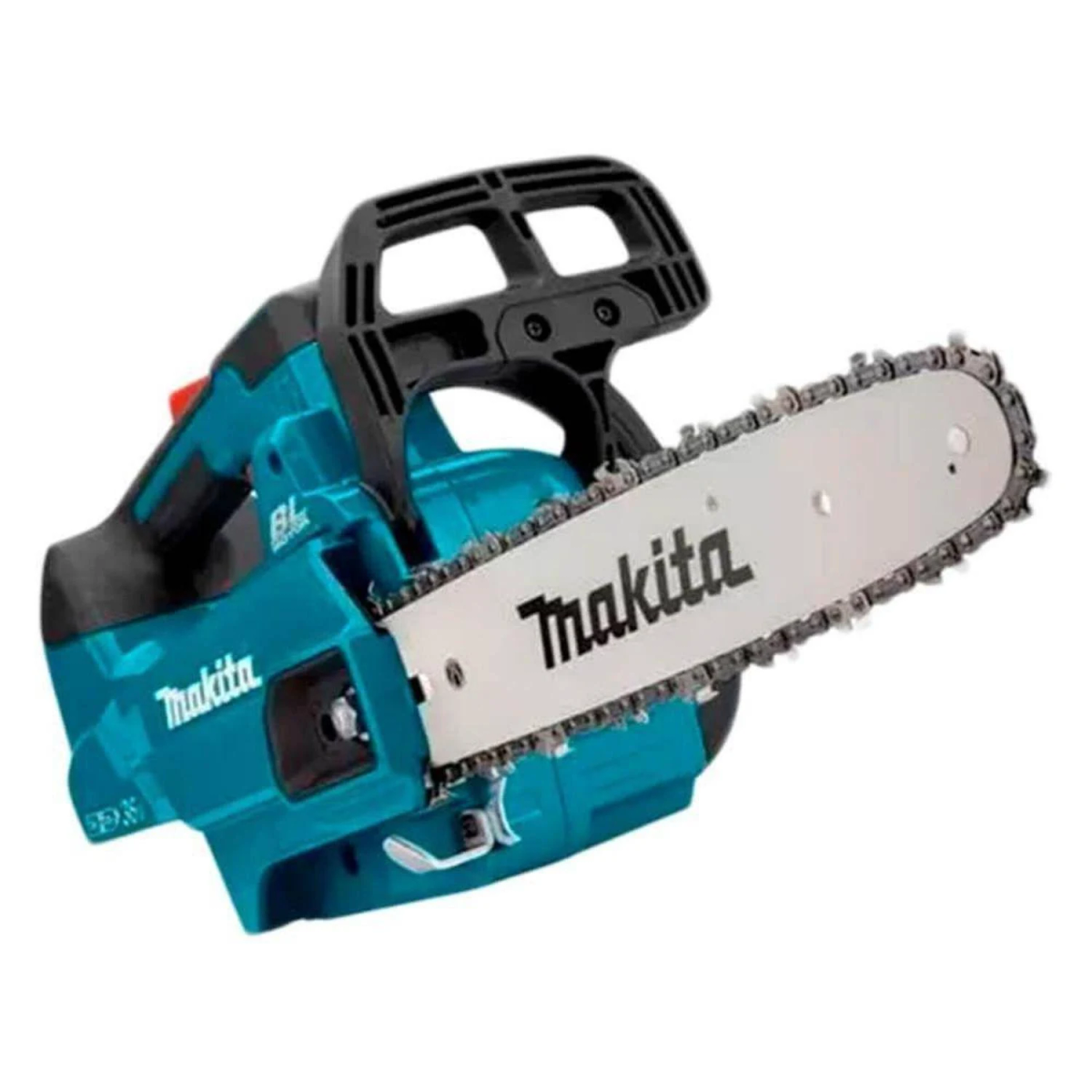 Motosierra Makita azul y negra sobre fondo blanco. Está inclinada hacia la derecha.