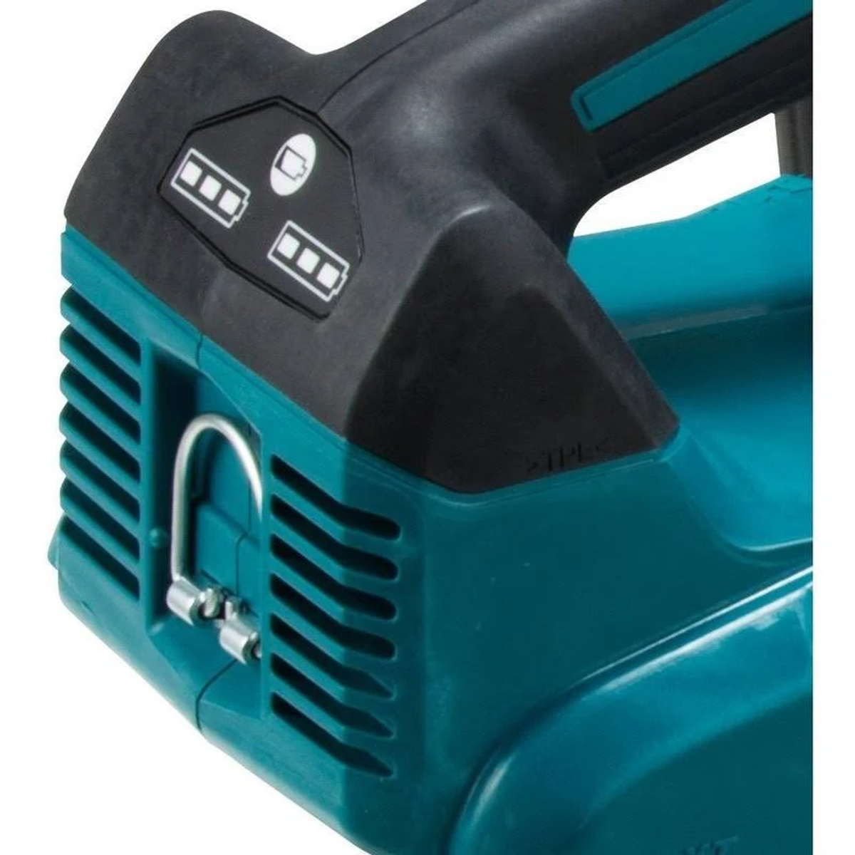 Primer plano de una herramienta Makita turquesa y negra. Tiene un interruptor de encendido/apagado e indicadores de batería.