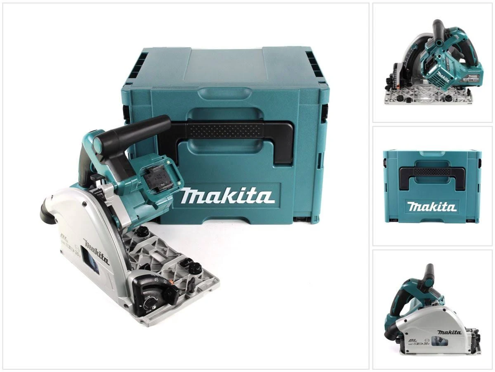 Sierra circular Makita con maletín. Sierra turquesa y plateada, maletín turquesa. Fondo blanco.