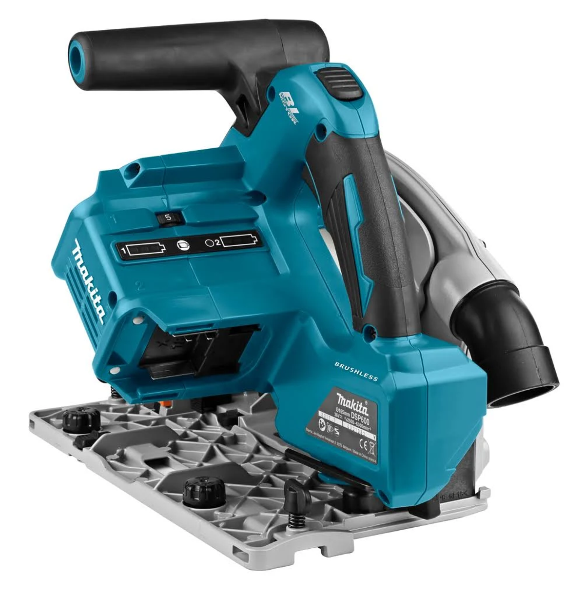 Una sierra circular Makita turquesa con un mango negro y una base gris.