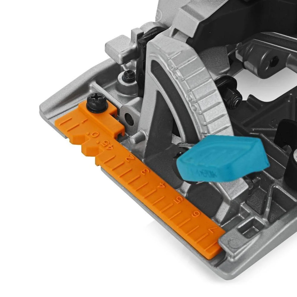 Primer plano del mecanismo de ajuste de una sierra. Visible una regla naranja y un componente azul.