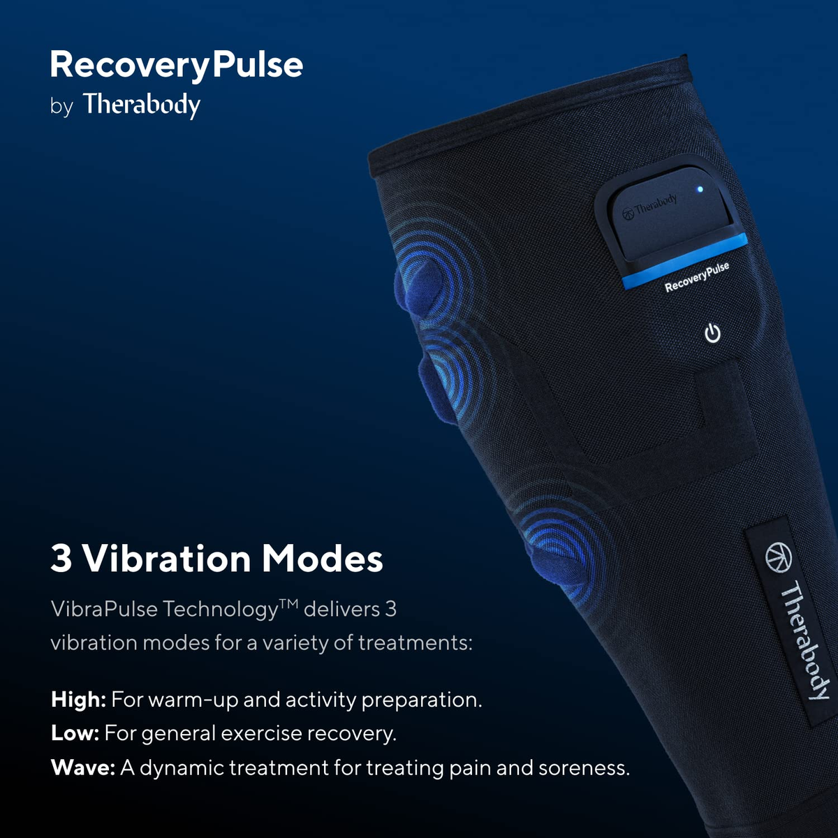 Dispositivo Therabody RecoveryPulse, funda negra con luces azules. Tiene 3 modos de vibración: Alto, Bajo y Onda.