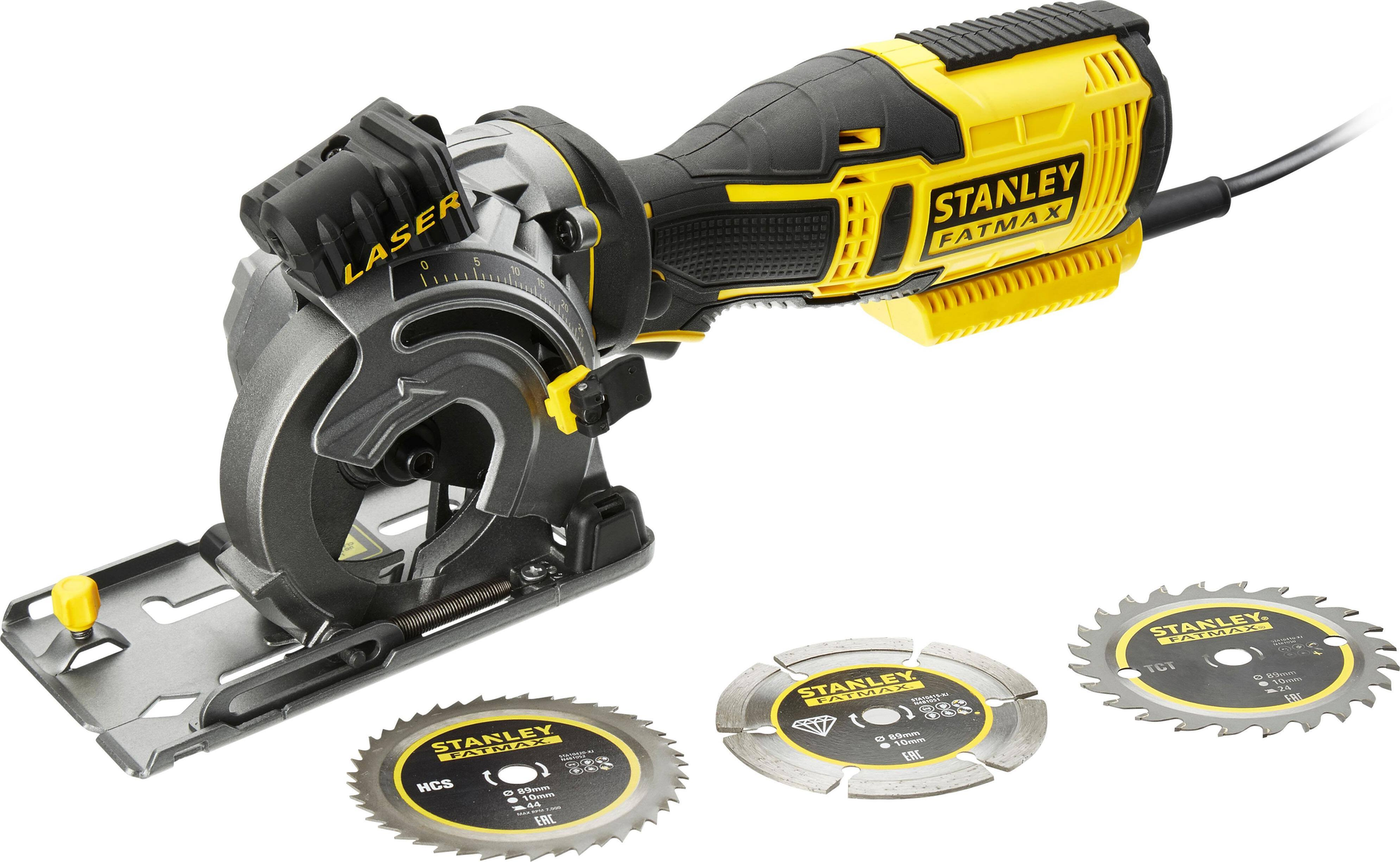 Stanley FATMAX gelb-schwarze Mini-Kreissäge mit Sägeblättern auf weißer Oberfläche.