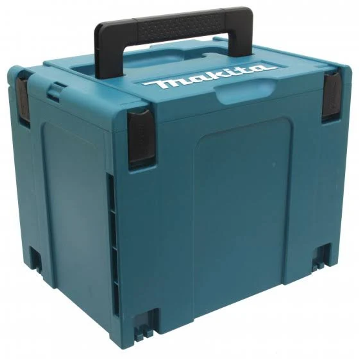 Turkusowa skrzynka narzędziowa Makita z czarnym uchwytem i zatrzaskami.