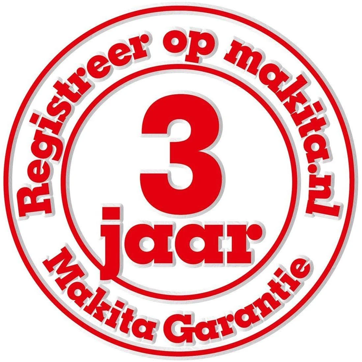 Naklejka gwarancyjna Makita 3-letnia, czerwono-biała, z tekstem i logo.